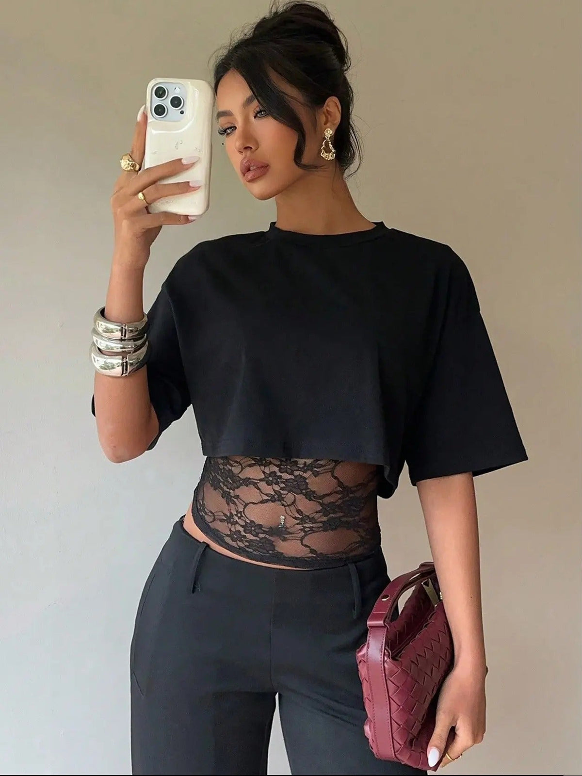 Lace-spliced cropped layered tee — lace-tee-10